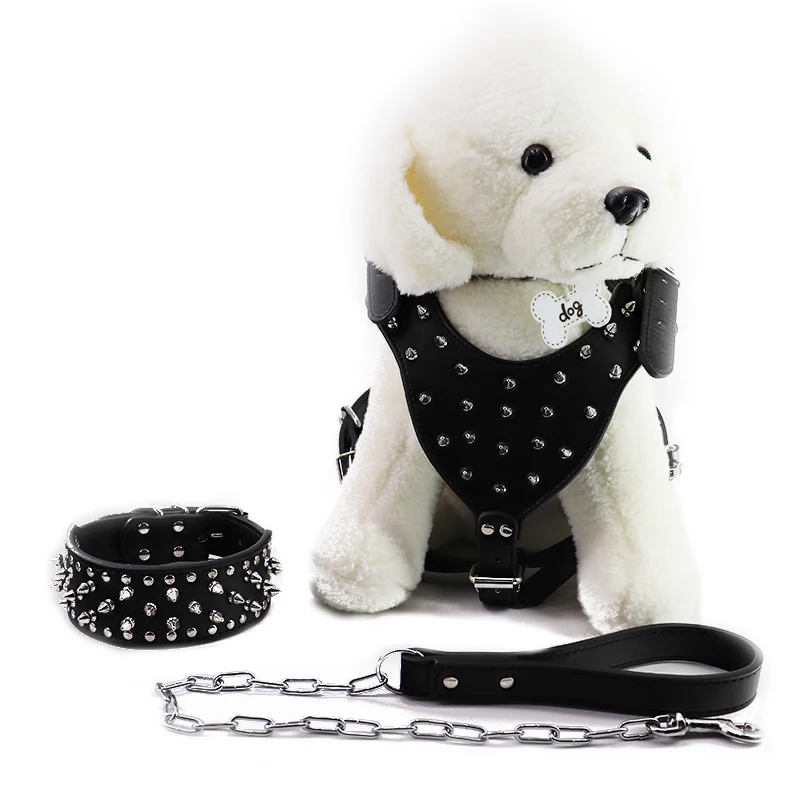 Factory direct sales of high quality punk style black leather cool rivets large dog harness leash set