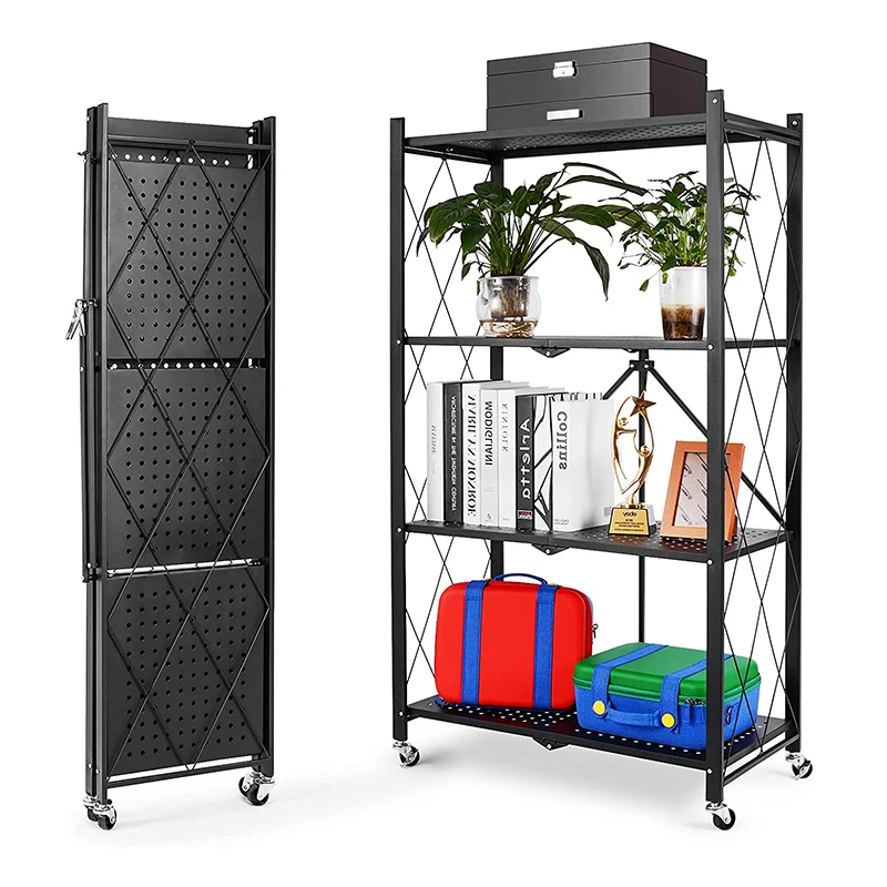 Multi-Layer Folding Metal Rack Storage Shelf Portable Storage Shelves Kitchen Organizer foldable Storage Rack With Wheels