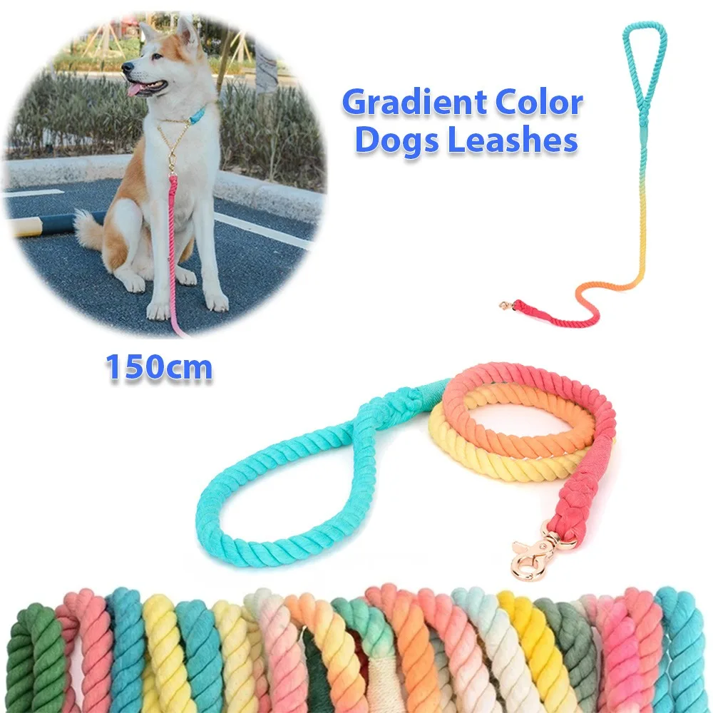 Wholesale Gradient Color Large Pet Leashes Pet Outdoor Walking Training Rope Handmade Braided Cotton Dog Leash