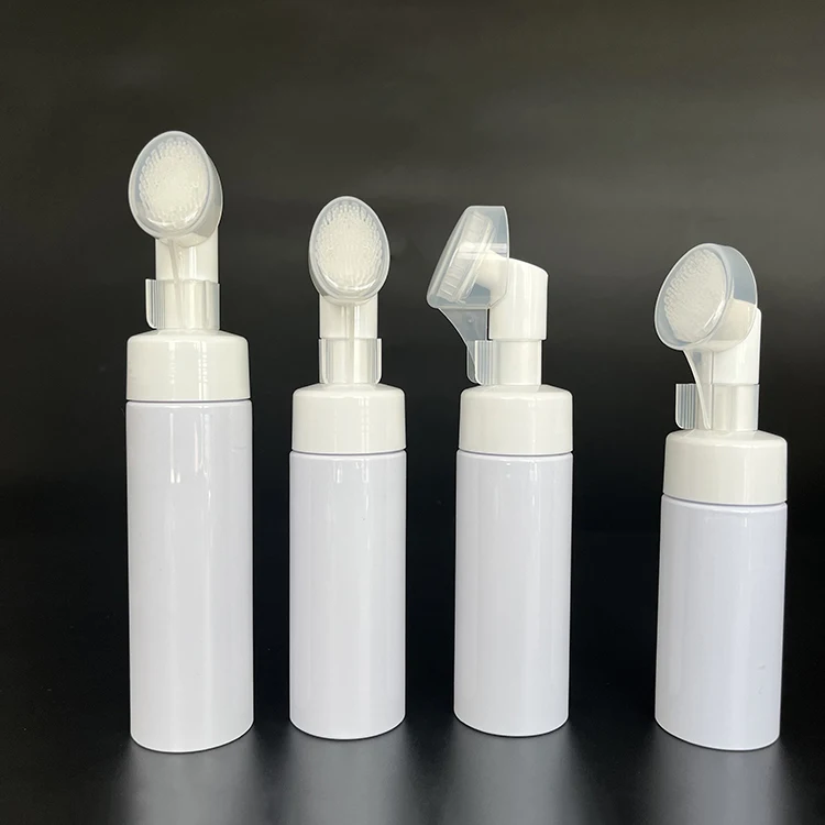 50ml 100ml 150ml Cosmetic Facial Cleanser Soap White Pet Foam Pump Bottle With Silicone Brus