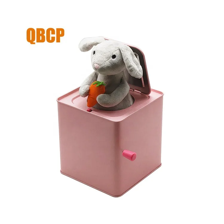 square shape hand crank music tin box with plush toy inside