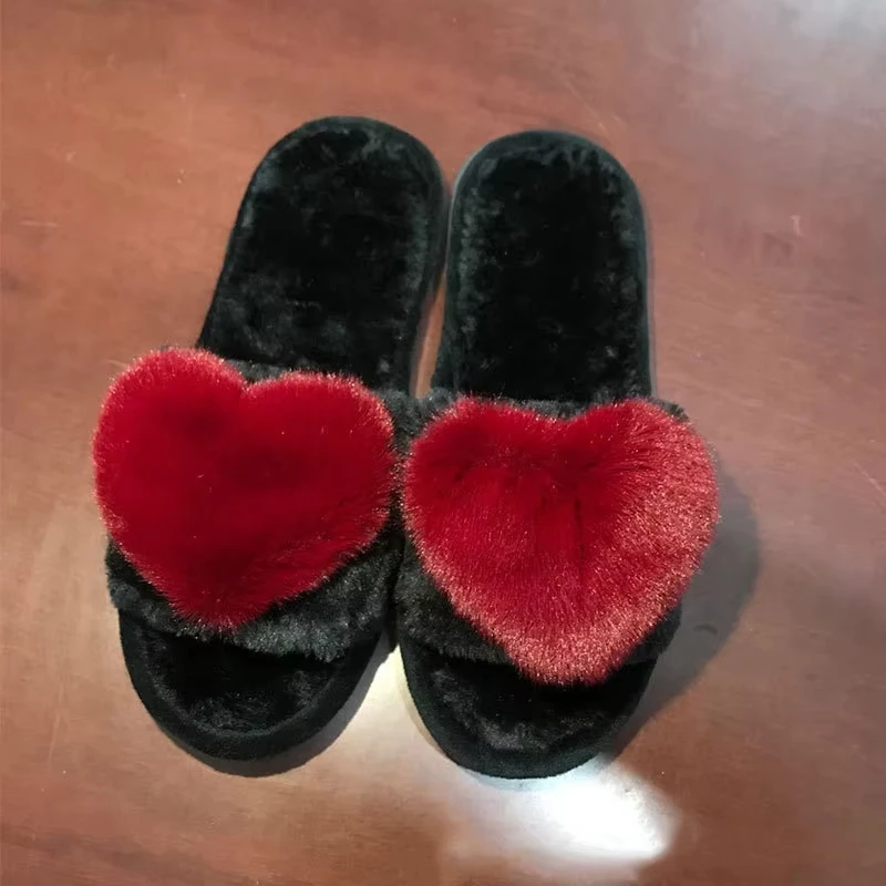 Fusheng Custom logo Warm Ladies Fashion Flat Shoes Female Open Toe Memory Foam Cute Love Heart Plush Fur Women Home Slipper