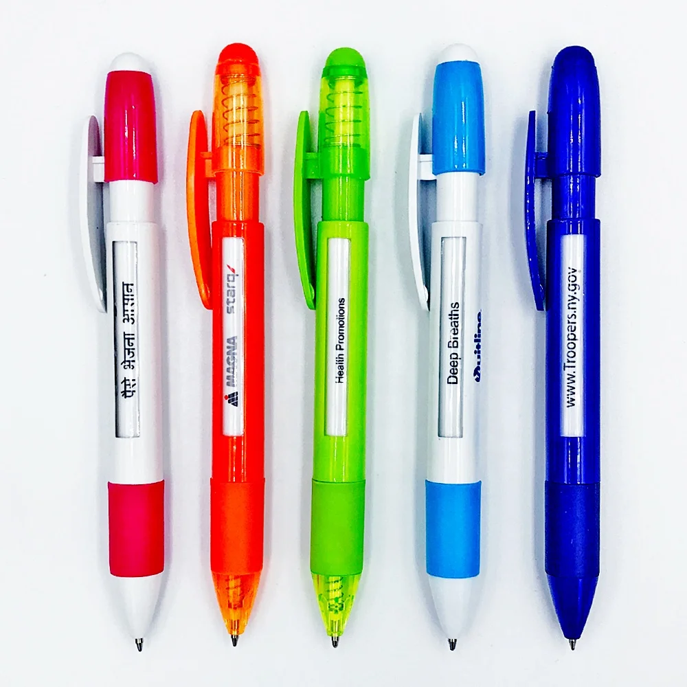 Popular custom 4 6 messages plastic window ball pen with rubber grip