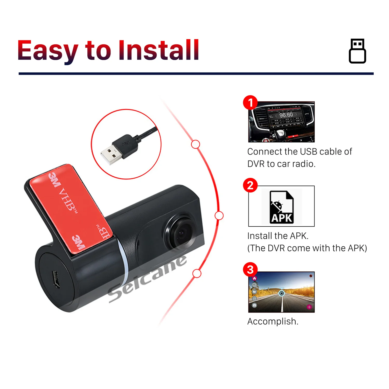 Seicane HD USB DVR camera records video and supports 360 Rotatable android car dvd