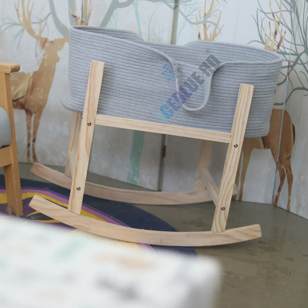 ICEBLUE HD Low MOQ Fast Delivery Customized Natural Cotton Woven Rope White Moses Basket and Wooden Stand