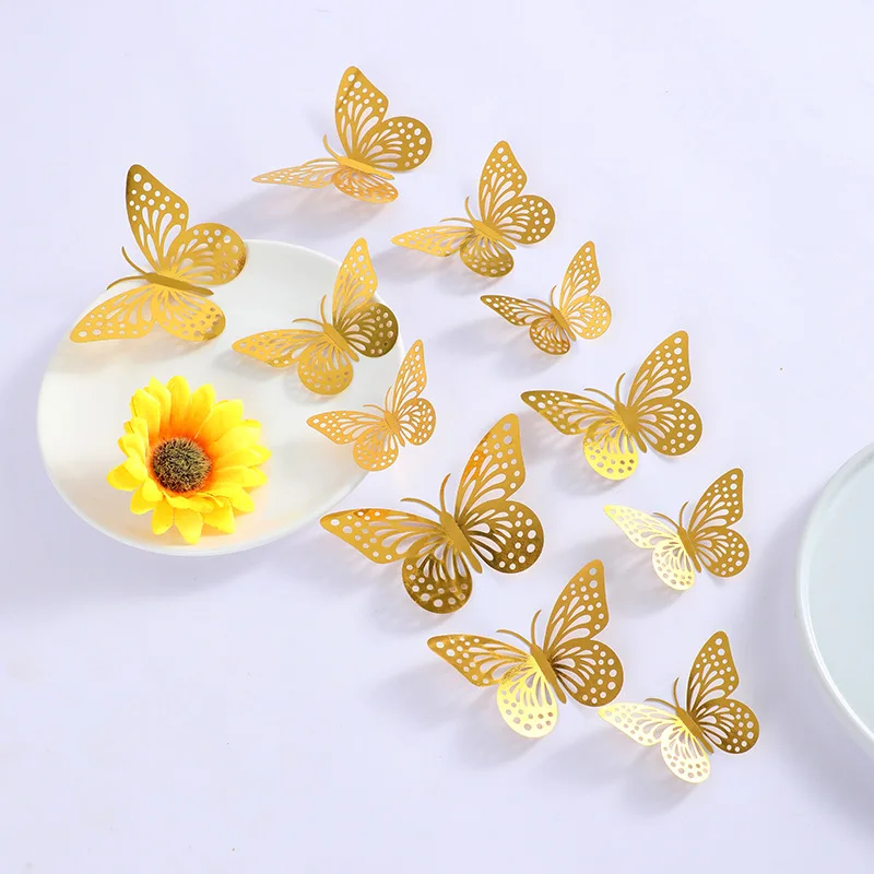 12PCS New 3D Hollow Golden Silver Butterfly Wall Stickers Art Home Decorations Wall Decals for Party Wedding Display Shop