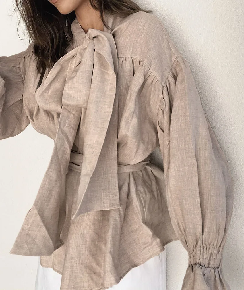 OEM Custom Women Long Strap Collar Long Puff Sleeve Wrap Blouse with Sash Ruffles Linen Cotton Tops for Office Lady