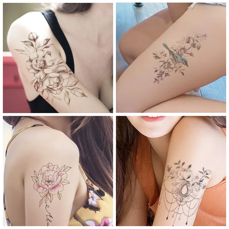 weimei Hand Rose Peony Sexy Flower Tattoo Sticker for Girls Black Temporary Tattoo Designs Realistic Tattoo Stickers