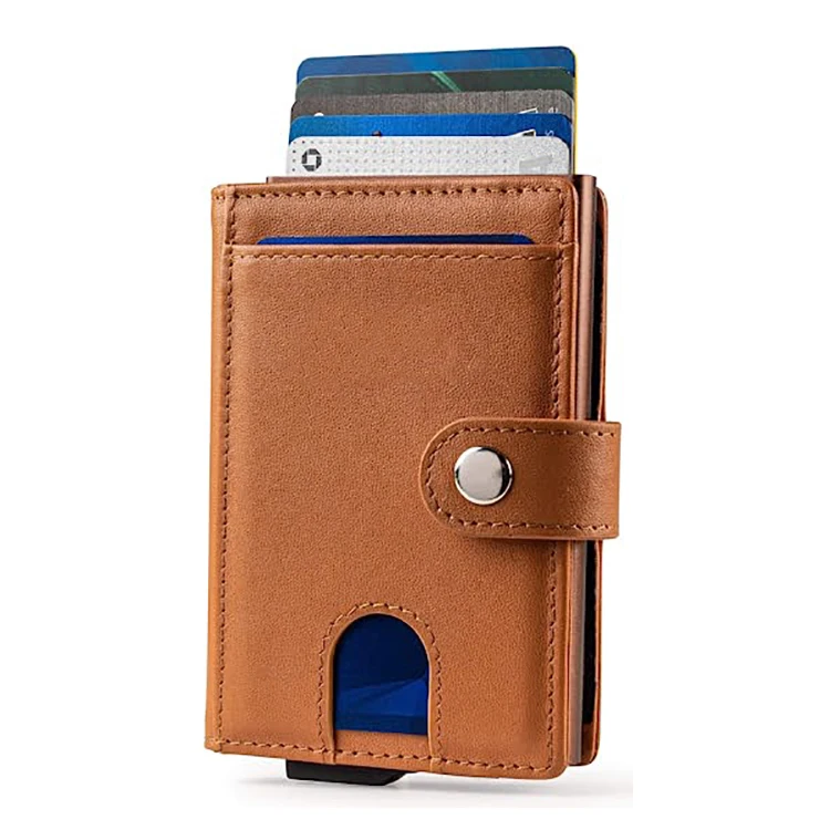 Custom Genuine Leather Pop up Wallet Vintage RFID Blocking Anti Theft Automatic Aluminum Credit Card