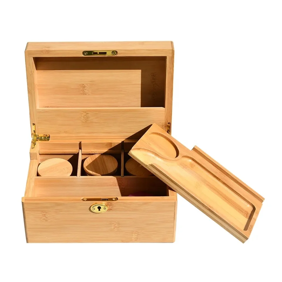 Bamboo Wooden Herb Stash Box with Rolling Tray Storage Container to Store Smoking Accessories Grinder Pipe Rolling Papers