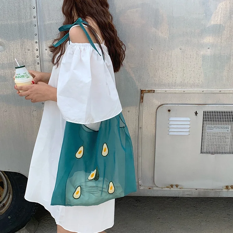 Fruit embroidery transparent organza cute ladies shopping handbag lightweight shoulder tote bags