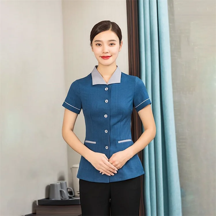 women logo custom hotel restaurant cleaner receptionist cleaning housekeeping staff working uniform short sleeve shirt shirts