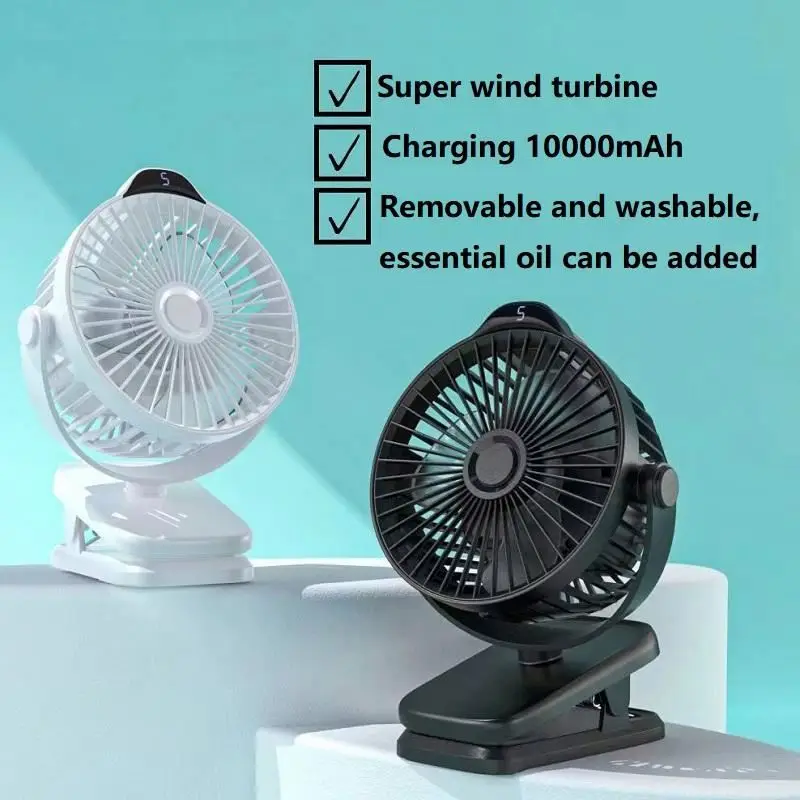 Mini Portable 3 Seconds Rapid Cooling 4th Gear High Wind 10000Mah Battery Mobile Power USB Rechargeable Desk Clip Fan