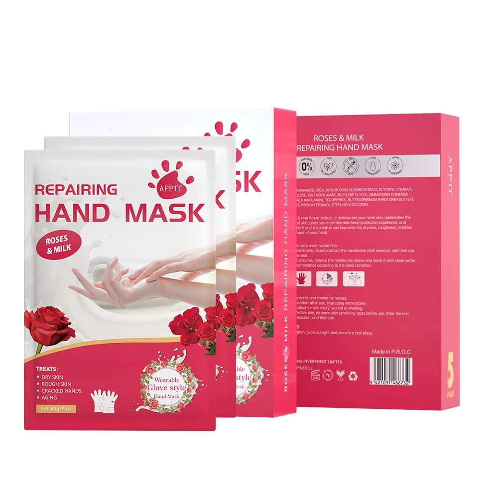 5 Pairs Repairing Hand Peel Mask with Rose & Milk, Moisturizing Hand Mask for Repair Dry Skin, Rough Skin, Cracked Hands