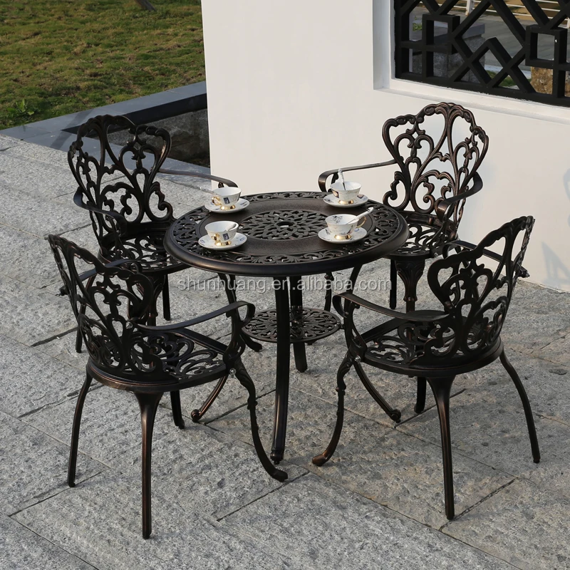 Waterproof outdoor metal furniture cast aluminum dining set armrest chair round table outdoor patio furniture