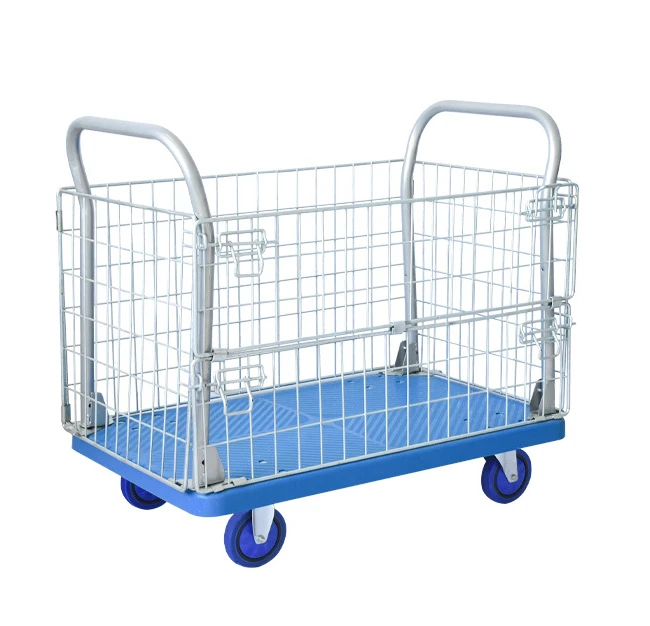 WBD hot selling 2 layer 300kg plastic platform of trolley with guardrail/silent wheel