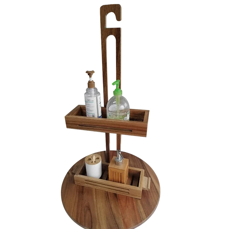 2 Tiers Acacia  Wood Portable Shower Caddy with assembled Hooks Soap Holder Hanging Bathroom Shower Organizer Shelf Storage Rack