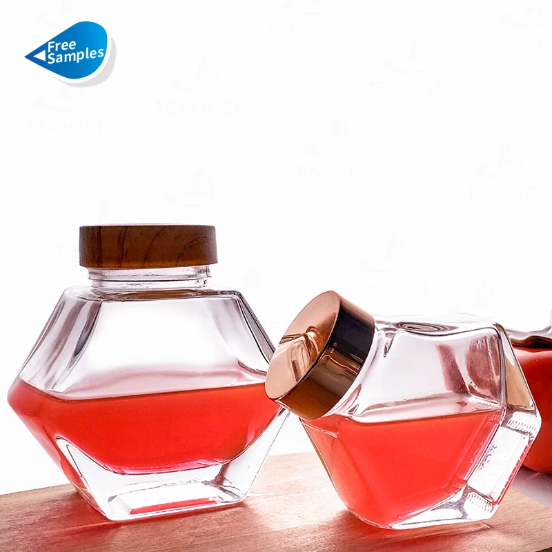 Hexagon Thick Clear 100ml 200ml 300ml Glass Jars Hexagonal Honey Jam Food Containers with Metal Plastic Screw Lids