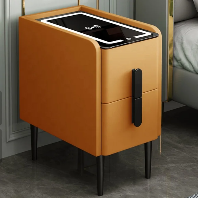 Wholesale Narrow Smart Wireless Charging Nightstand Fingerprint Lock Bluetooth Audio Lamp Bedside Table Bedroom Furniture