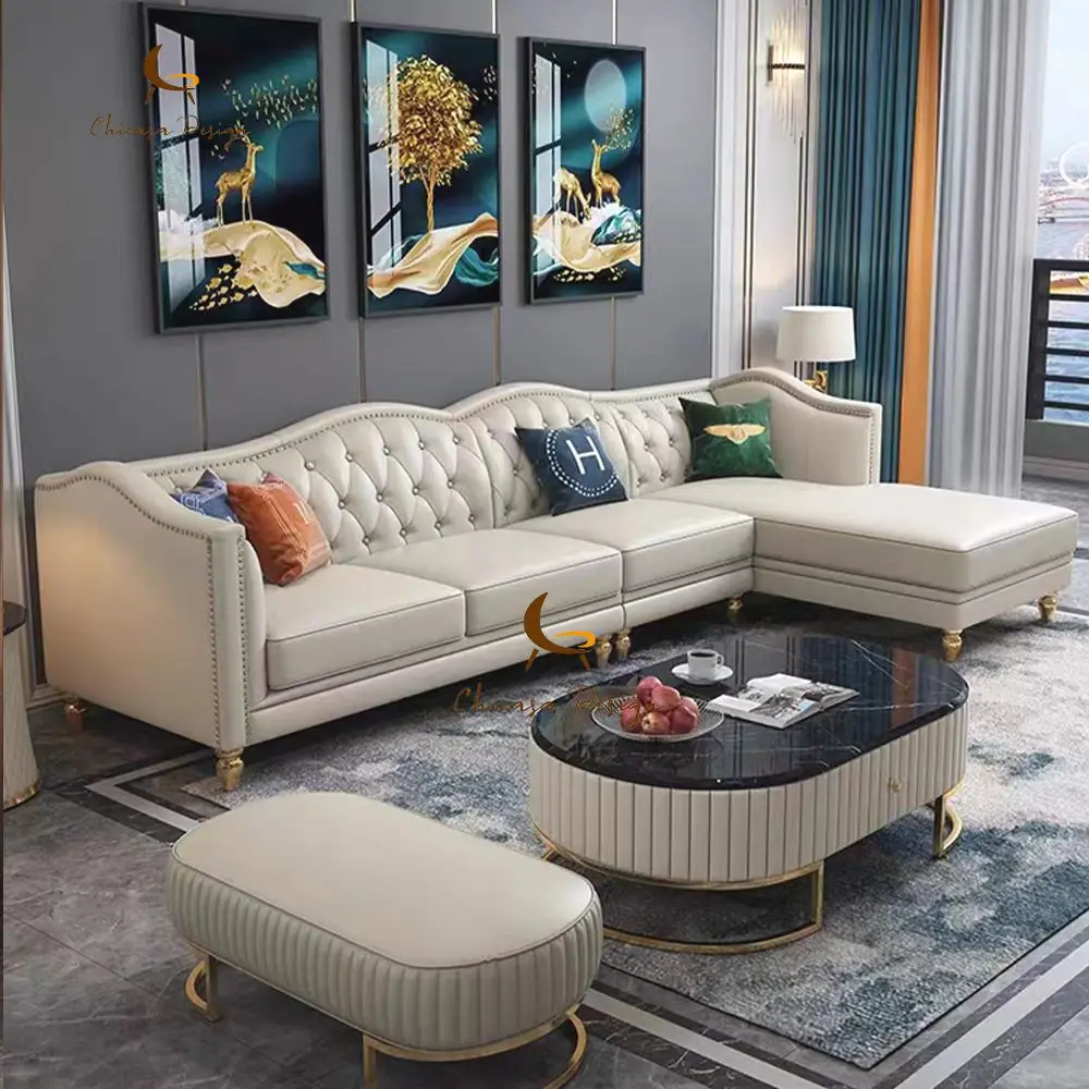 New design high quality luxury buckle leather sofa set furniture for living room