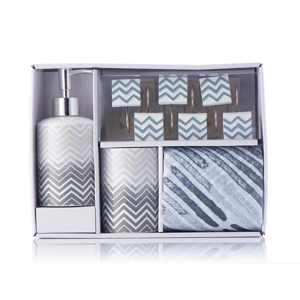 15PCS Waves Designer Shower Curtain Bathroom Set Matching Bath Gift Set with Resin Hooks