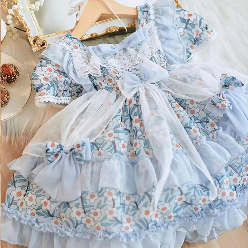 Yalindars Blue puff sleeve mesh waistband Layered Lolita Girls Dress Bow and flower print Jacquard fabric lace party dress