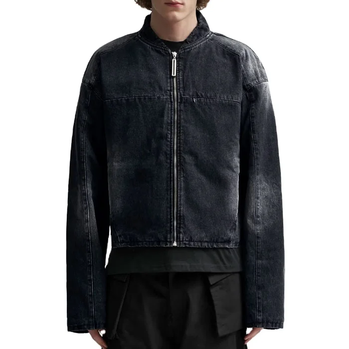 Fashion long sleeve zip up faded Sand washed denim jacket mandarin collar quilted lining cargo bomber jacket for men