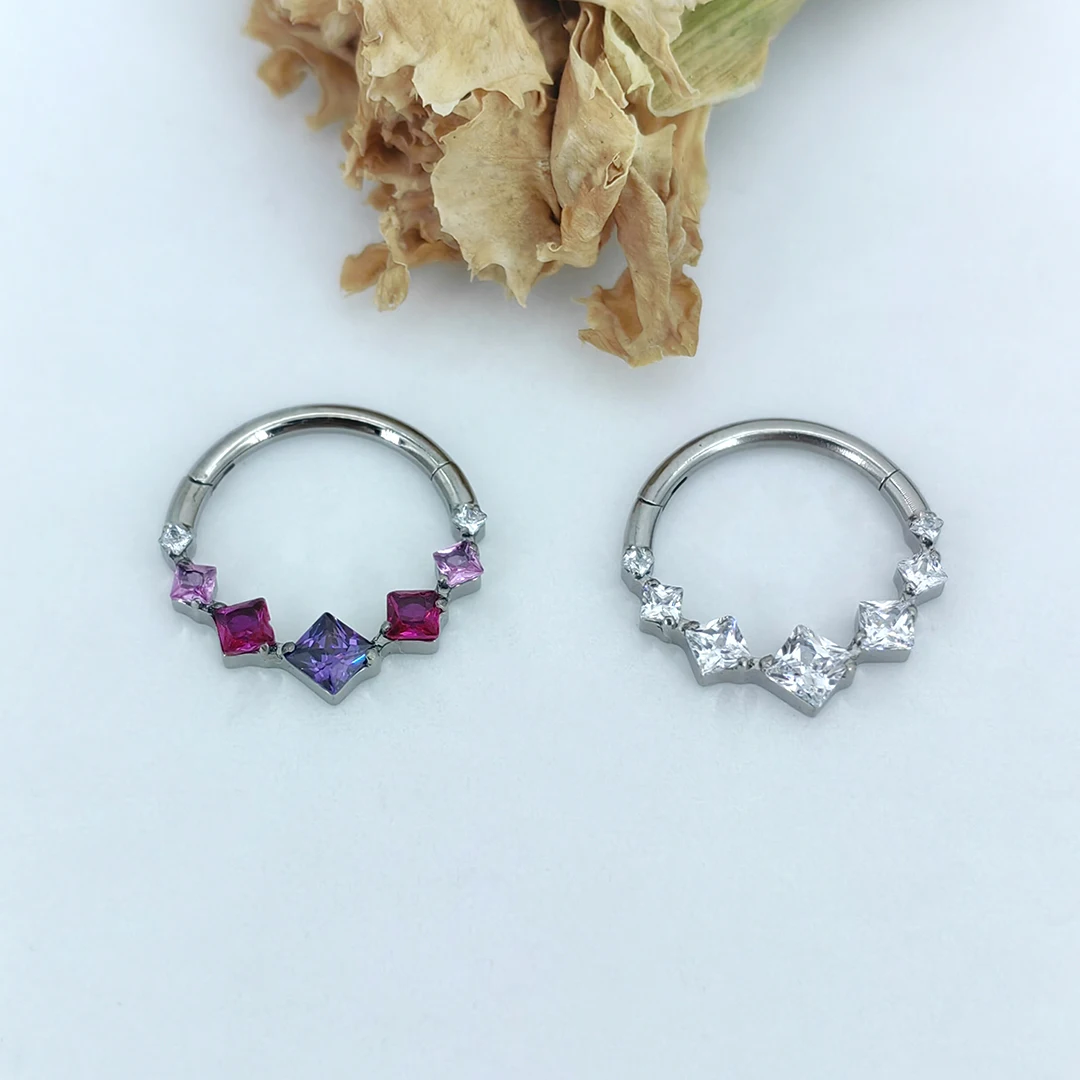 Calendo Hot Sale  ASTM  F136 Titanium  CZ Stone Cluster  Hinged Segment Clicker Wedding Gift Septum Ring  Piercing  Earing