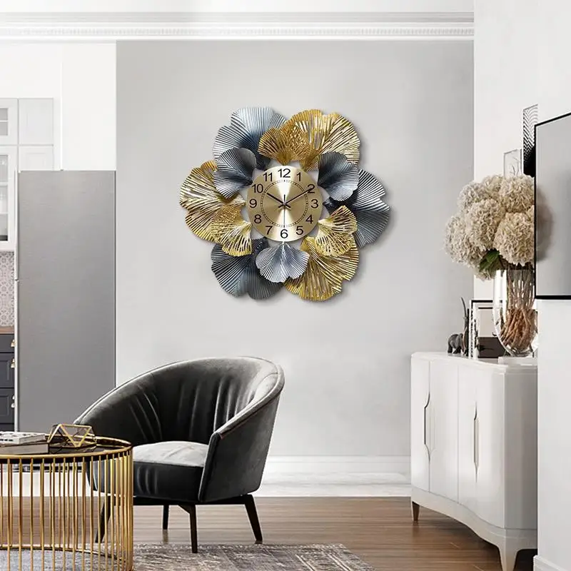 JJT Home decoration Luxury Metal Ginkgo Biloba Wall Clock for hotel ang living room horloge murale 2