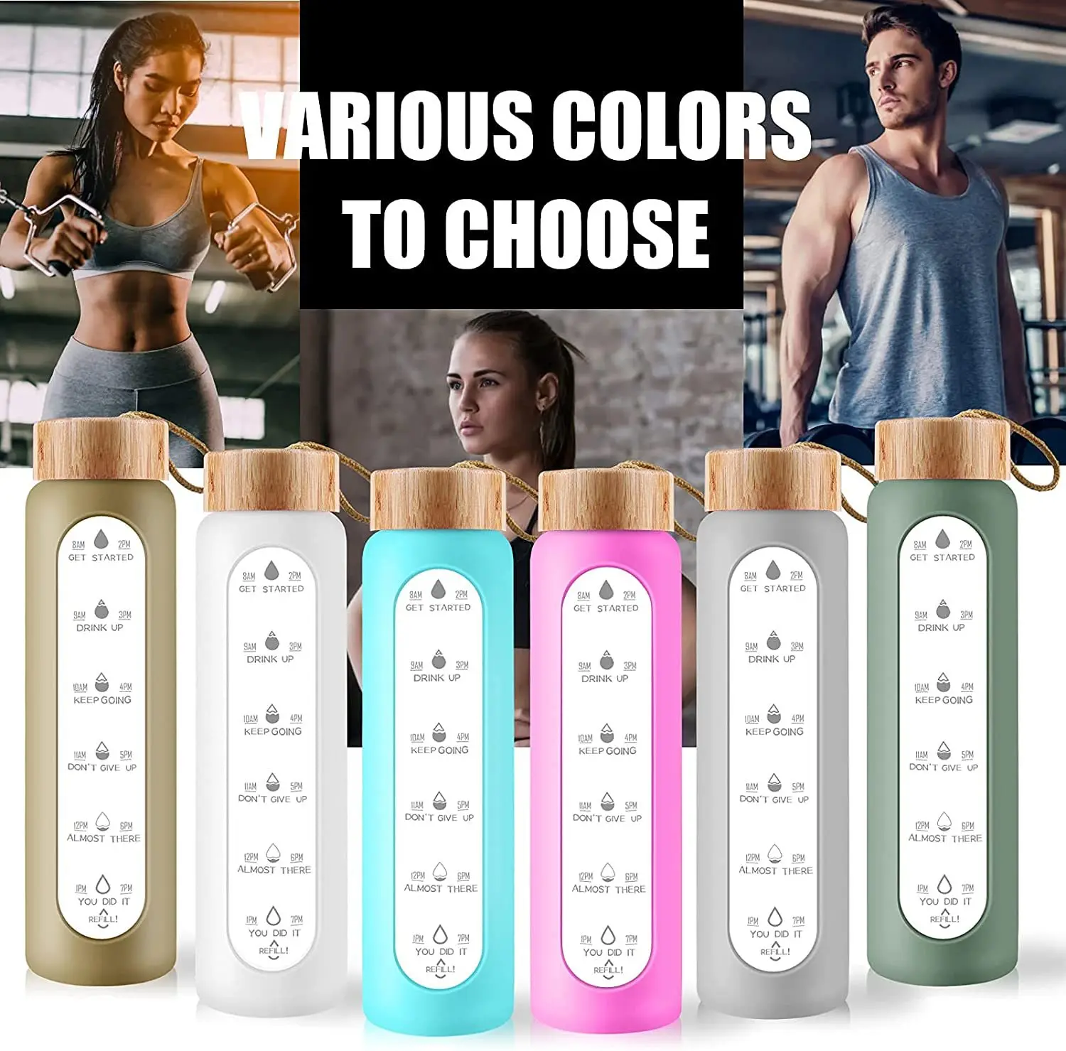 1L Hot Sport Bottle Bamboo Lid Silicone Sleeve Borosilicate Glass Water Bottle with Time Marker and Tea Strainer