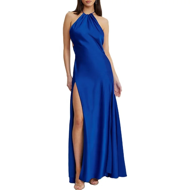 Women dress High halter neck floor length gown Tie up straps gold toggles Open back with small gather at lower back satin dress