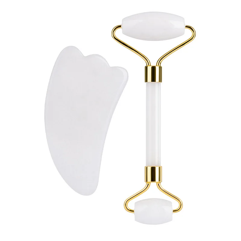 
White Jade Roller Noiseless, Rose Gold Metal Frame Jade Face Roller Facial Tool Massage Body Stone Massager 
