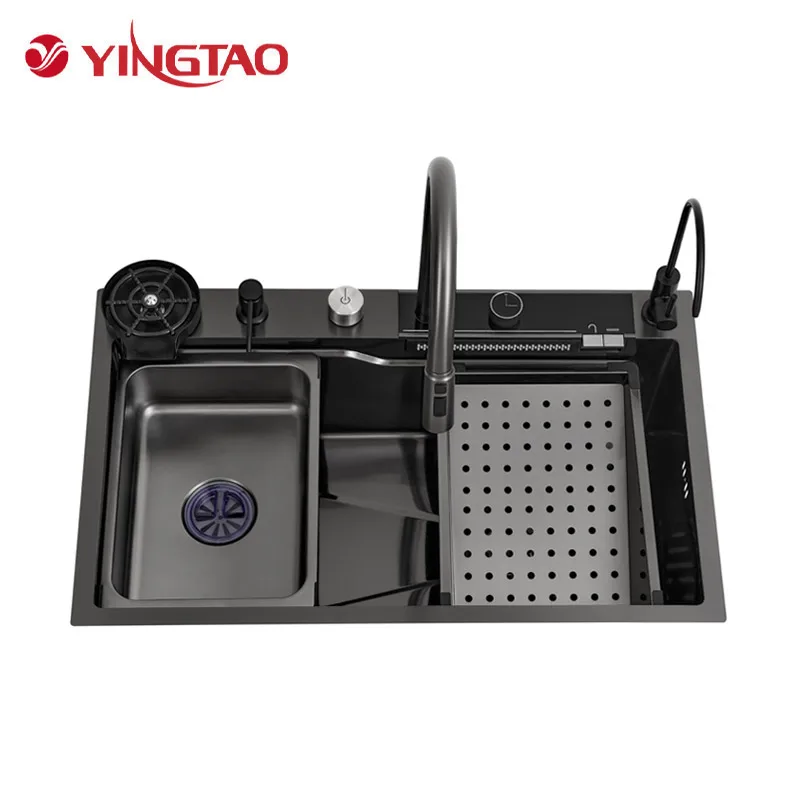 Italian multi function stainless steel waterfall single bowl smart kitchen sink