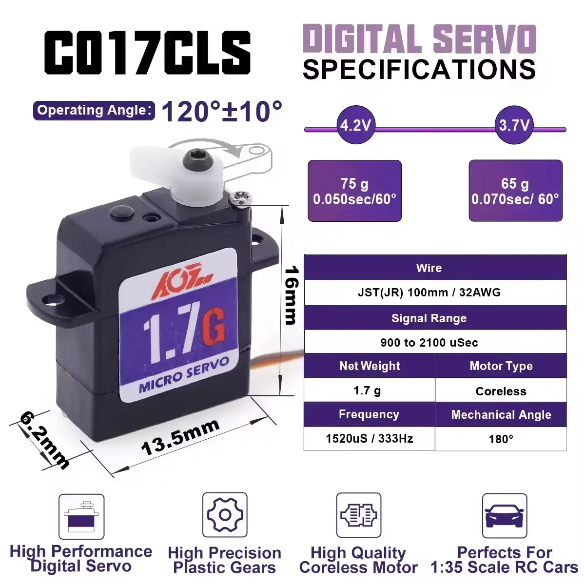 AGFRC C017CLS Micro Servo 1.7g Torque 0.075kg.cm PWM Control Digital Coreless Plastic Servo For RC Mini Car