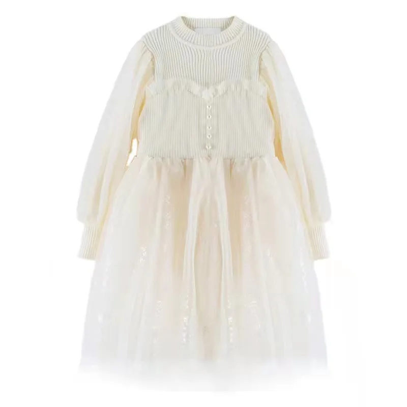 Winter casual dress girls knitted sweater long white net yarn girls autumn and winter long sleeve dress