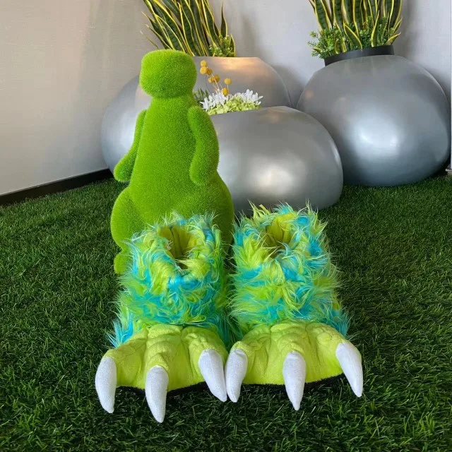 Custom cute soft fluffy fur Furry  funny claw paw tiger dinosaur black bear slippers costume footwear cotton slippers