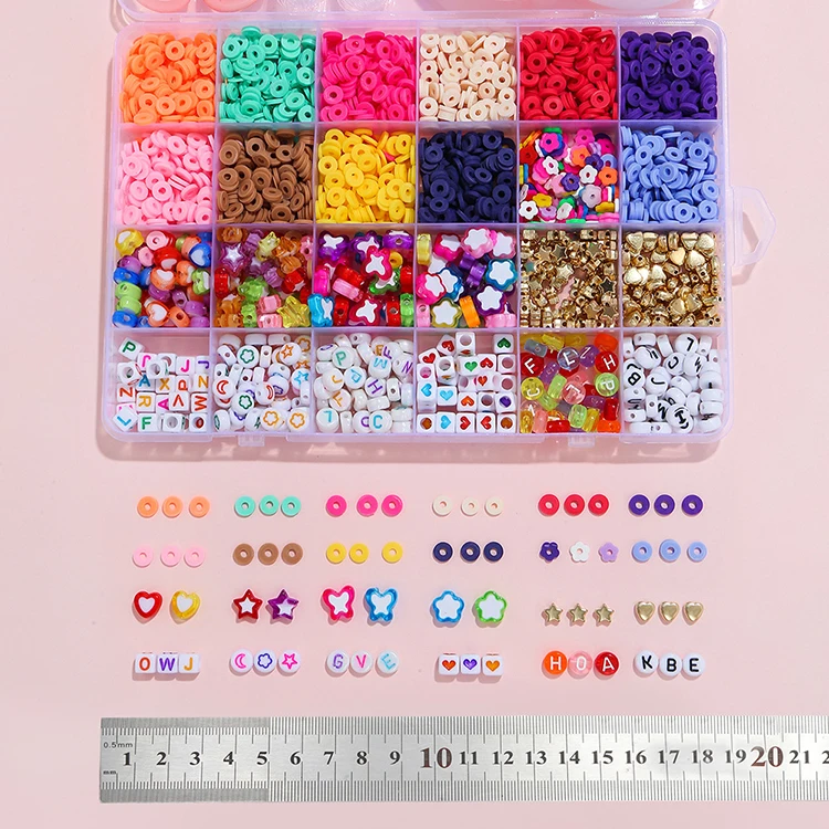 24 Grid Colorful Flat Round Polymer Clay Spacer Beads Kit with Pearl for DIY Jewelry Making Kids