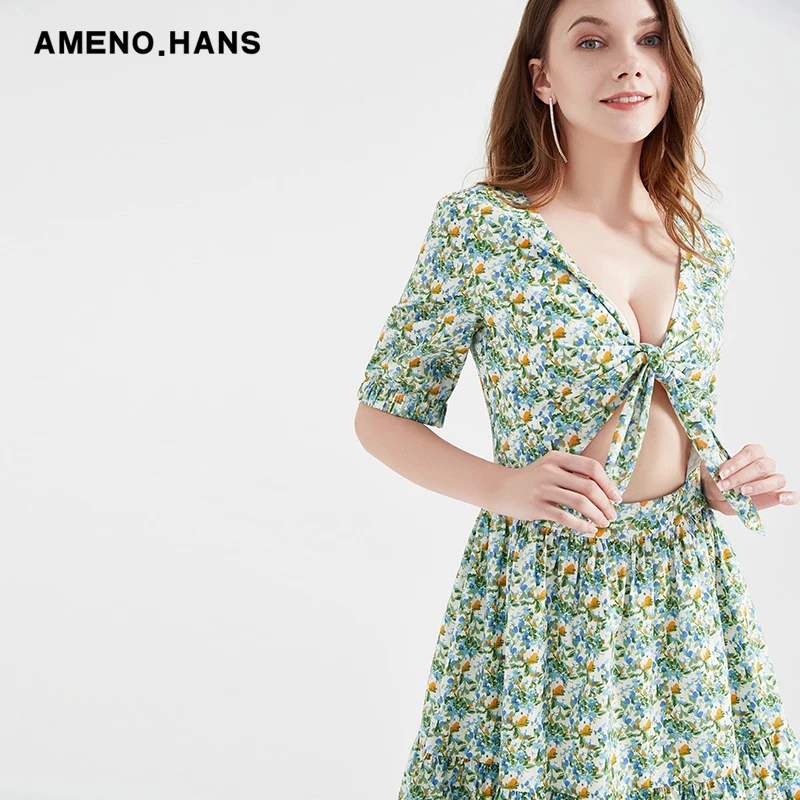 2022 new design green Ladies Korean Smart Casual Dress sweet print dresses