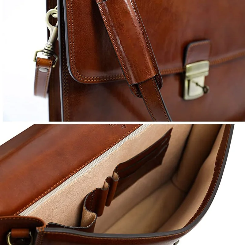 Custom High Quality  Vintage Men Large Capacity Tote Shoulder Genuine Cow Leather 15Inch Laptop Bag Briefcase