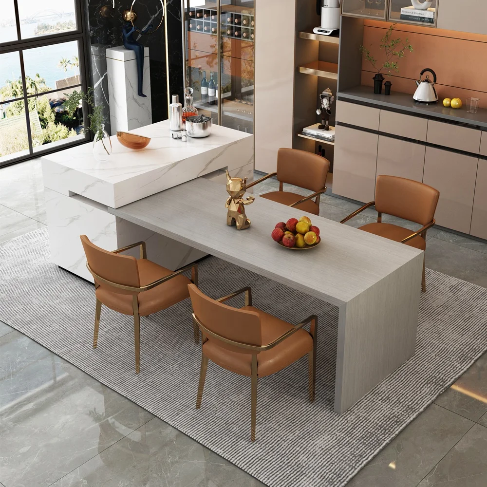 Вращающийся выдвижной прямоугольный кухонный остров, барный стол, столешница из спеченного камня, кухонный остров, обеденный стол