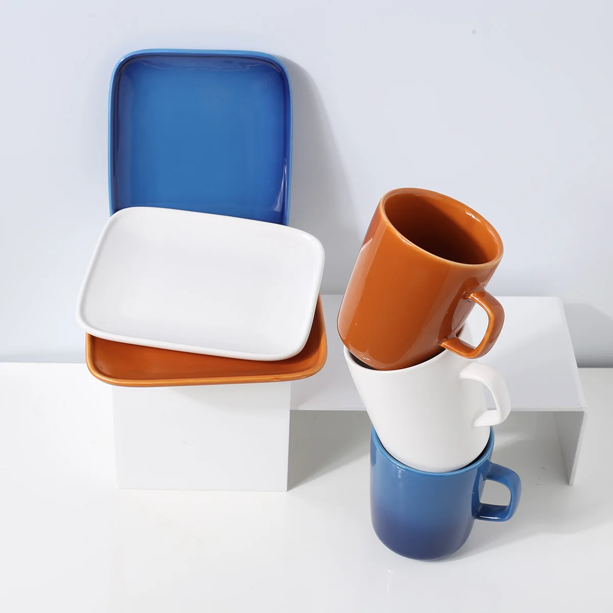 Wholesale Nordic Mug White Brown Blue Colors Ceramic Mugs Coffee Cup And Plate Set