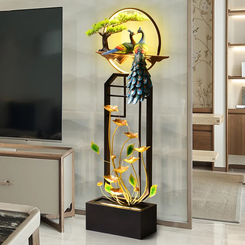 Unique Indoor Home Decor Accessories Peacock Lotus Water Curtain Craft Ornement Metal Water Fountain Waterfall