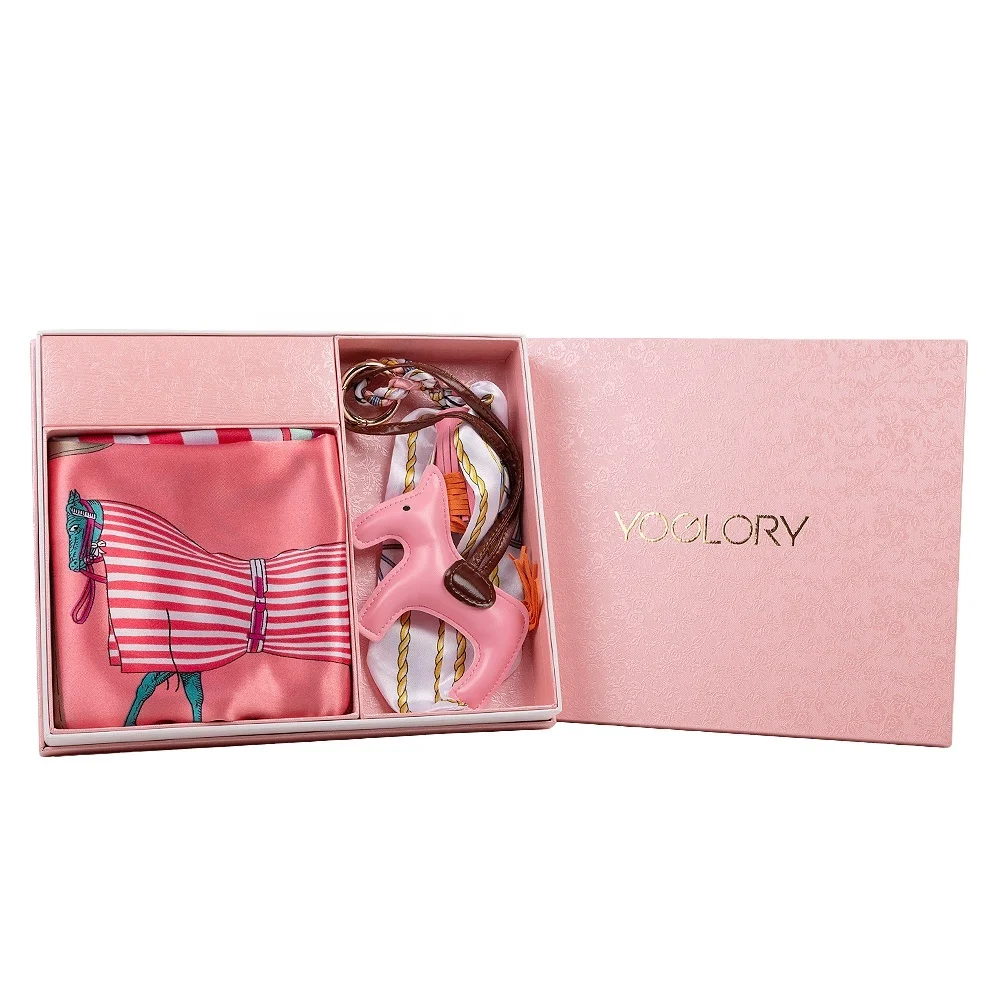 90*90CM polyester lovely pink scarf and key chain gift set for mothers day