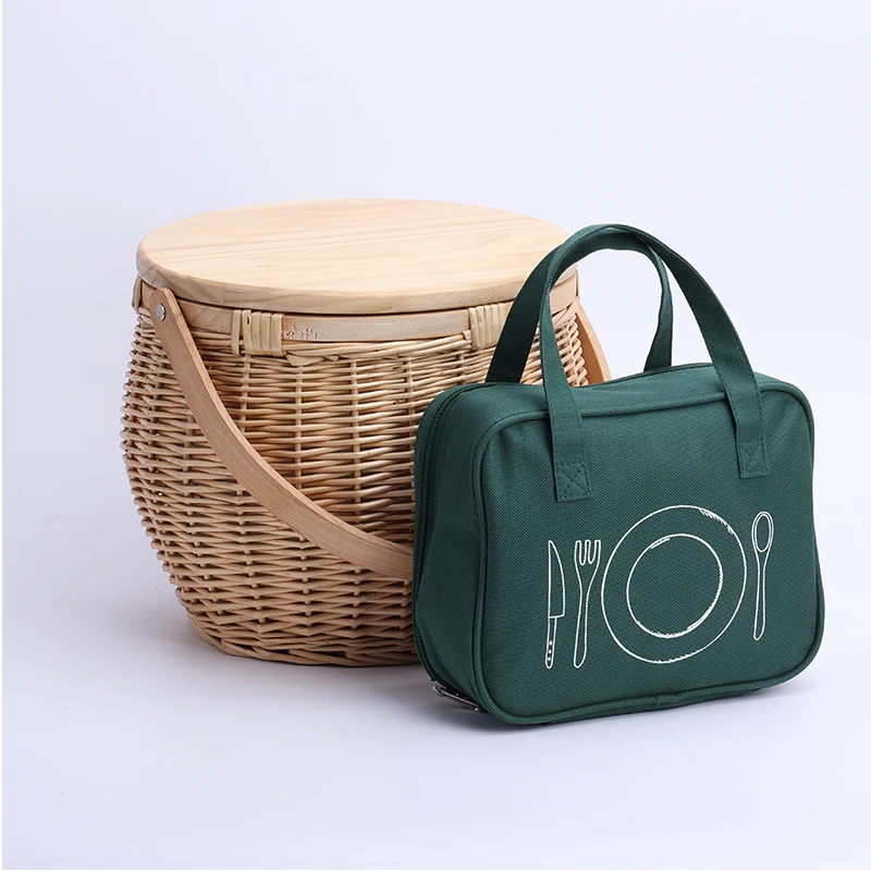 handle oval beach round willow wholesale insulated rattan cooler wood top wicker picnic basket with wooden lid for 4 person