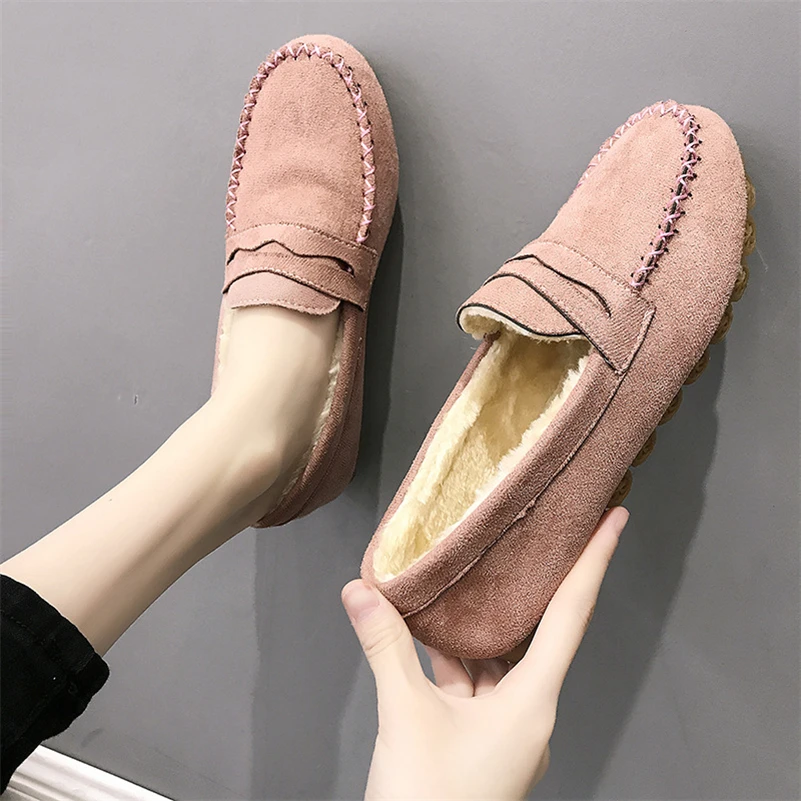 Soft Bottom Oxford Women Flat Shoes Casual Plush Warm Boat Shoe For Winter Office Hospital Work Shoes Loafers