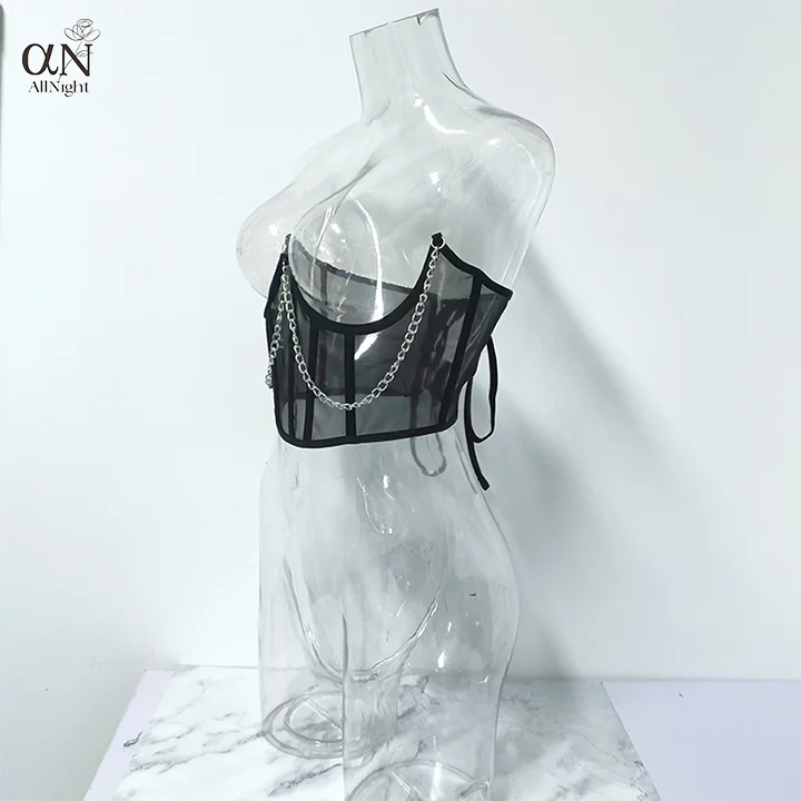Custom Logo Metal Chain Black Open Chest Transparent Hollow Out Lace Stripper Outfits Underwire Bra Dancewear Exotic Corset Tops