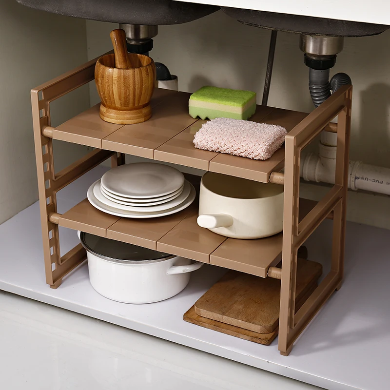 2021 Popular Lower Sink Kitchen Plastic Rack 2 Tier Expandable Under Shelf Organizer Storage for