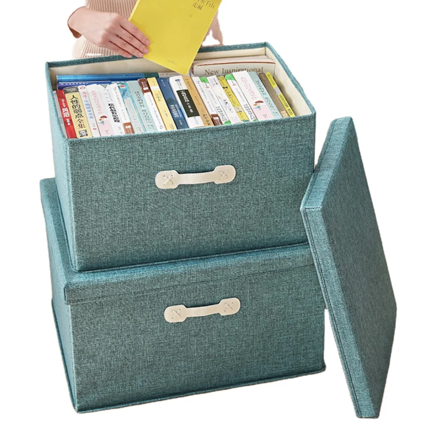 Storage Bin with Lid Linen Fabric Decorative Storage Box Organizer Container Basket Cube with Handles Kids Cloth Toys