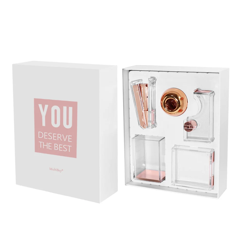 Promotional Rose Gold Office Creative Stationery Set Includes Pen Holder Stapler Tape Holder Memo Paper Clip for Christmas Gift
