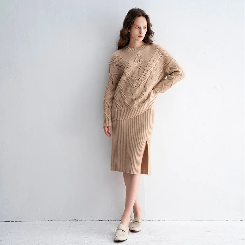 Custom Autumn Winter Winter 100% Pure Cashmere Cable knitted Sweater Skirt 2 Piece Set Outfit Sweater Top Twin Set Women